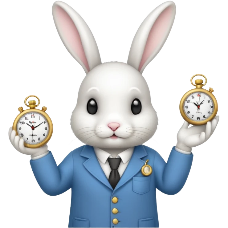 white bunny with a clock on his hand signaling the clock emoji