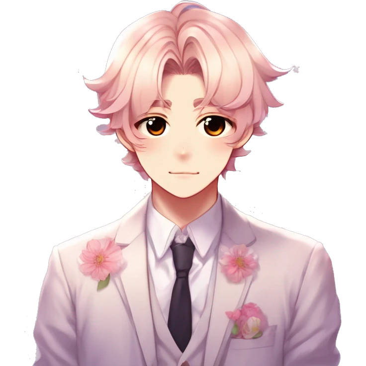 Gorgeous romantic hot attractive anime style formal modern gentlemanly anime shojo guy with pretty hair and flower petals and blushing face aesthetic trending style with colorful gradient colors  pastelcore cottagecore kawaiicore emoji