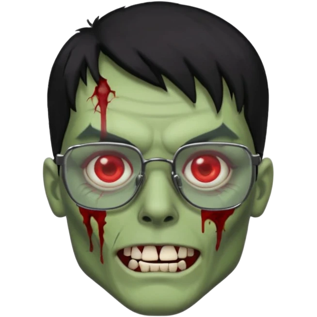 homem zumbi de óculos cabelo preto com muita olheira deixar pele dele verde dentes brancos e olhos vermelhos e ensanguentados deixar óculos quadrado e preto e olhos cheio de veias vermelhas e encher o rosto de piercings colocar piercing em todo rosto emoji