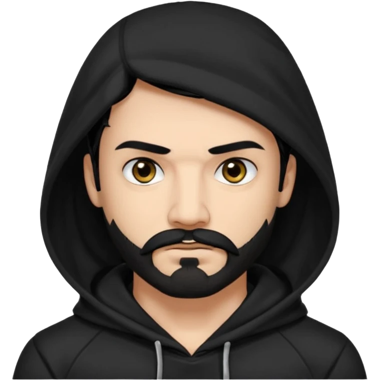 Man, hispanic skin, black hair, black beard, black mustache black eyes black t hoodie, small nose, long emo hair, muscular  emoji