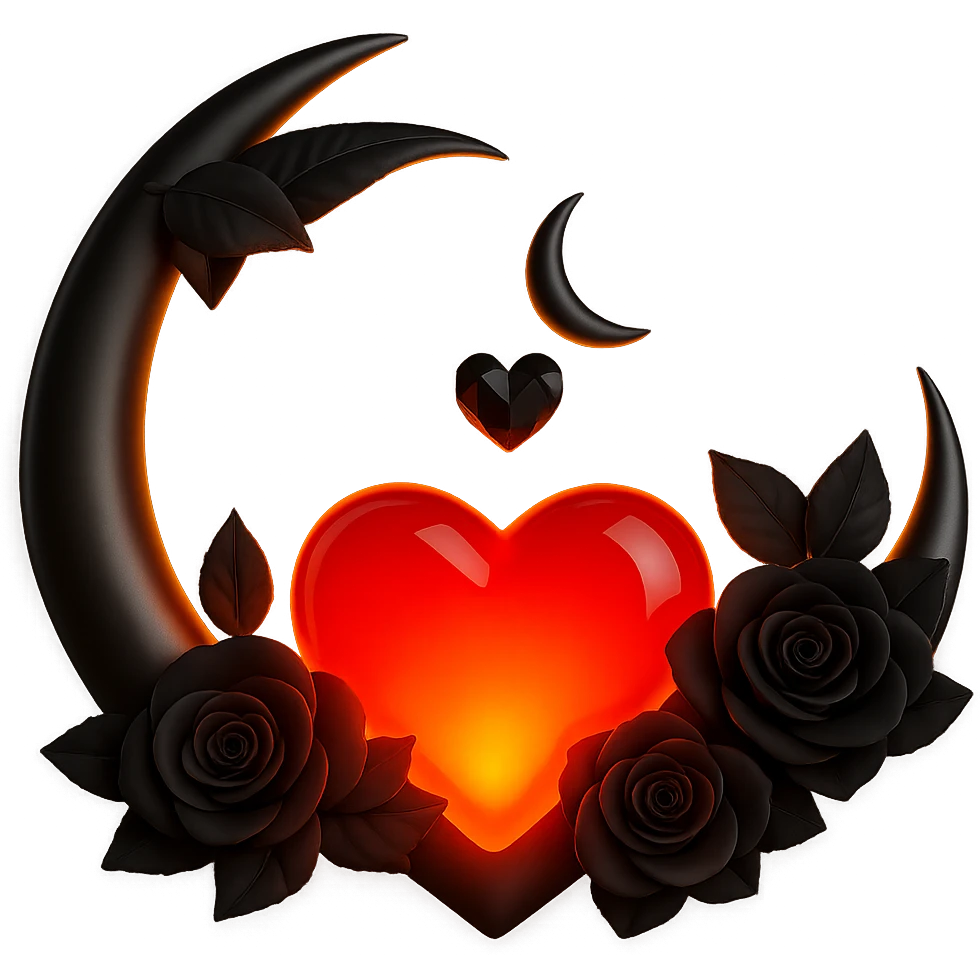 Add a glowing effect to the red glass heart, keep the silver crescent moon and small black roses, gothic and luxurious, in a 3D emoji-inspired style. Remove the background. emoji