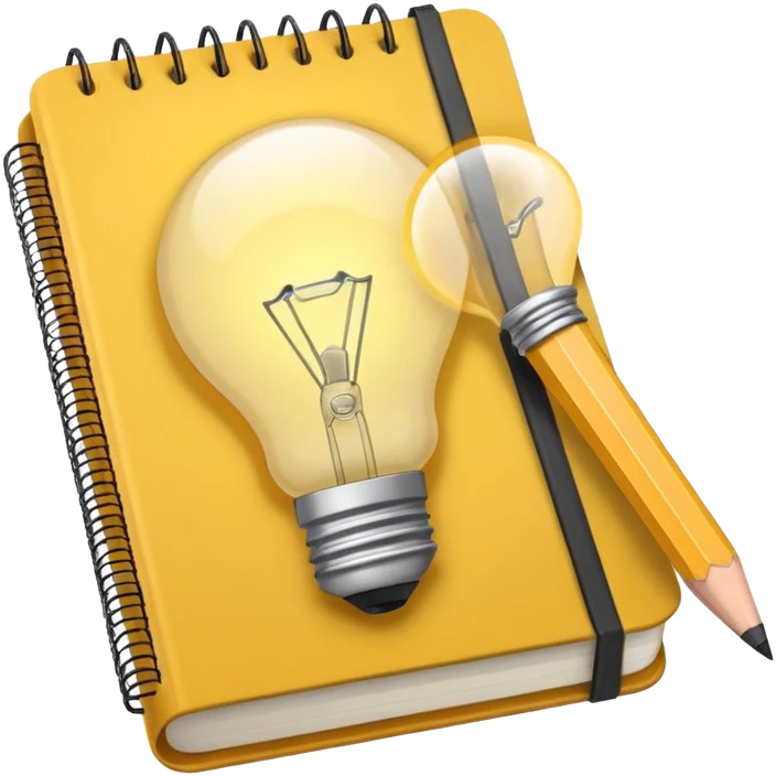 Emoji of a notebook with a pencil and a glowing lightbulb on the cover, iPhone emoji style. Flat design, smooth gradients, rounded edges, soft shadows, clean look, white background. emoji