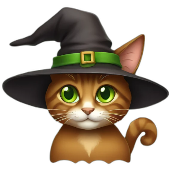 brown cat with green eyes and witch hat emoji