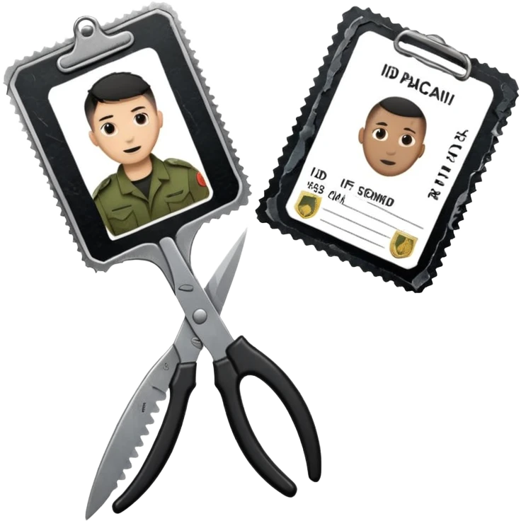 Floating black Scissors cutting in half an idf soldier ID card in 2 parts .hyper realistic emoji