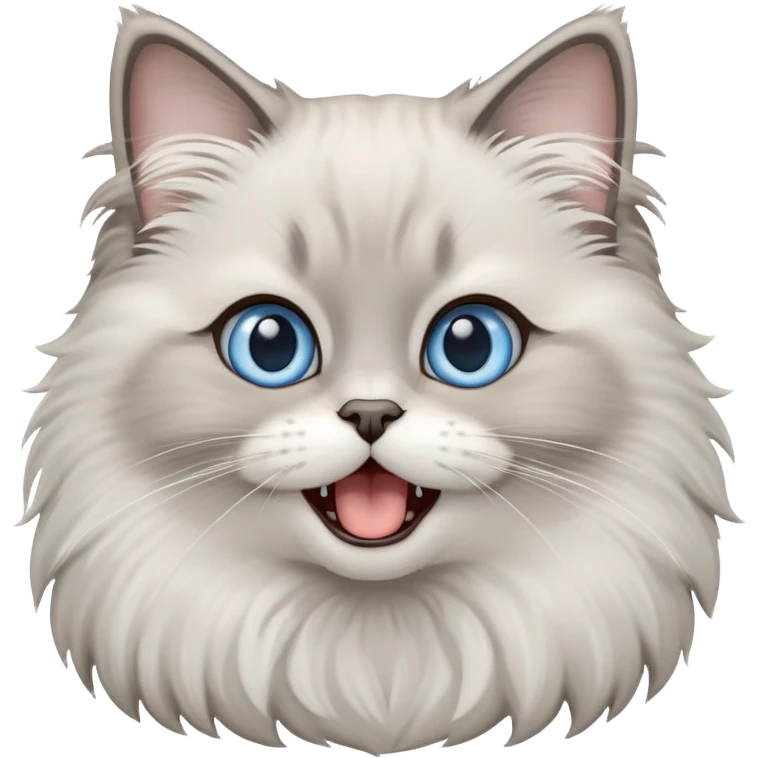 cinematic-adorable-big-eyed-fluffy-grey ragdoll-cat-portrait-emoji,-head-tilted-playfully-with-a-cute,-yawn,-white and grey fur,-simplified-yet-irresistibly-cute-features, blue eyes emoji