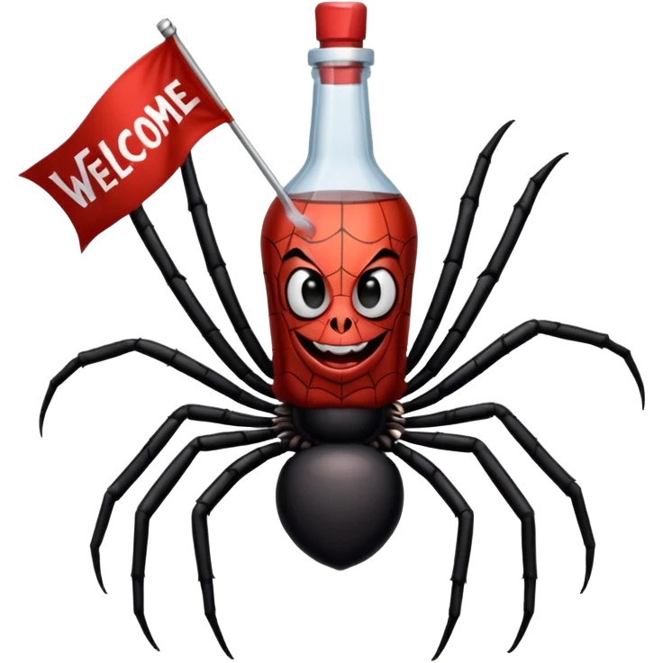 wesoły śmieszny pająk z butelka jadu i banerem witaj  emoji