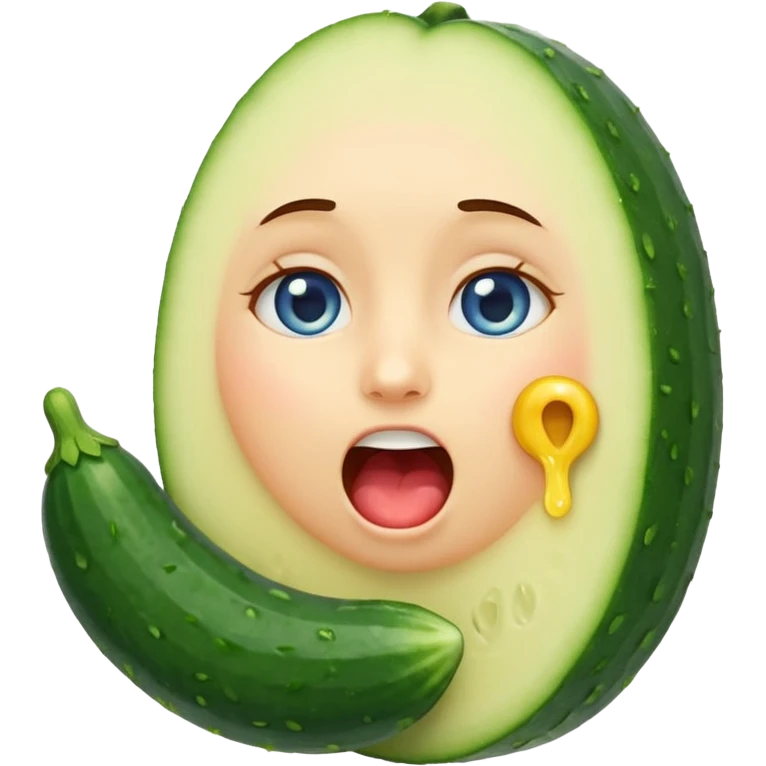I want a girl emoji, blushing, blue eye, drooling a bit because she has a full cucumber in her mouth. I want her to chock a bit on it but still enjoying. The cucumber is in her mouth and it a traditional yellow emoji emoji