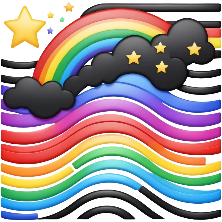Wavy black rectangle with white stars in the corner and six horizontal rainbow stripes separated by thin black lines emoji