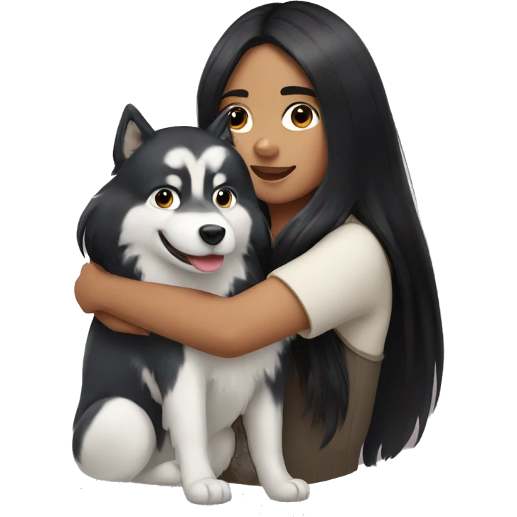 girl with long black hair hugging a husky emoji