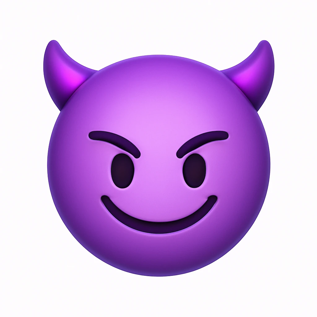 A mischievous purple devil emoji with a sly, confident smile and raised eyebrows, glowing purple horns, smooth gradient shading, minimalistic and glossy 3D cartoon style, white background, round face emoji