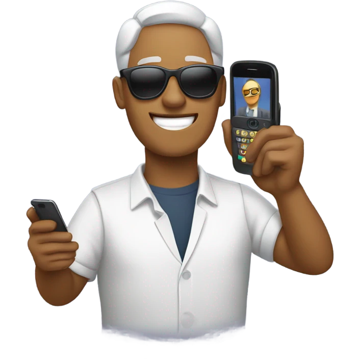 person with sunglasses showing phone emoji