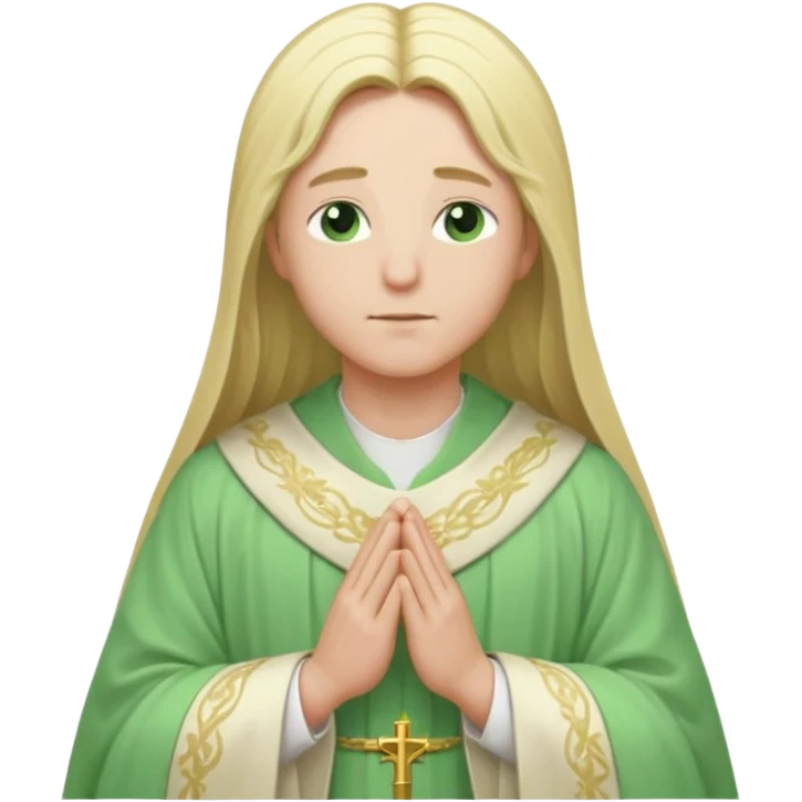 a young bishop, green eyes, long blonde hair, light green wide, flowing outer robe. hands clasped together, eyes closed. Soft light, subtle fern. Waist-up, profile. emoji