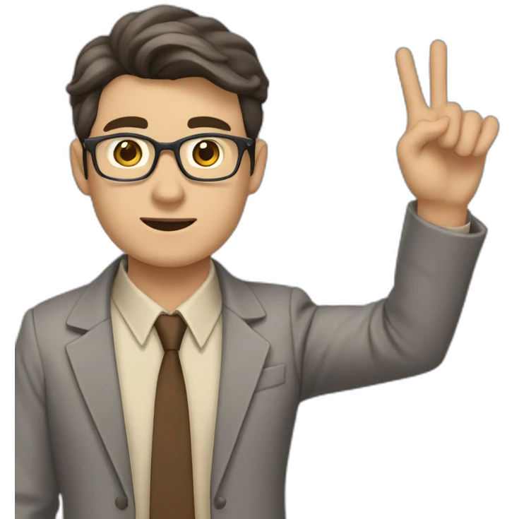To belt Actively gesturing with hands Pale skinned fit man with dark brown hair in gray jacket, beige office shirt, brown tie, brown pants and vintage glasses. emoji