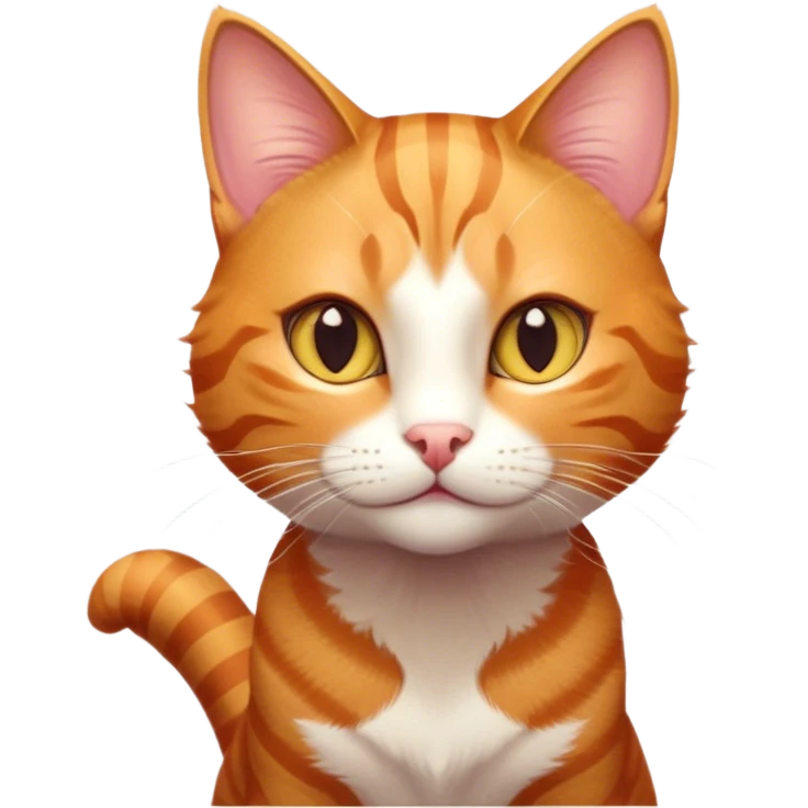 Cinematic Cute Ginger Tabby Cat Portrait Emoji, Head tilted playfully and inquisitively, sleek orange-brown fur with bold tabby stripes and a distinctive M-shaped marking on the forehead, sparkling amber eyes, Simplified yet irresistibly adorable features, highly detailed, glowing with a warm, friendly glow, high shine, affectionate and curious, stylized with a touch of whimsy, bright and endearing, soft glowing outline, capturing the essence of a mischievous yet loving kitten, so playful it feels like it could pounce out of the screen and into your arms! emoji
