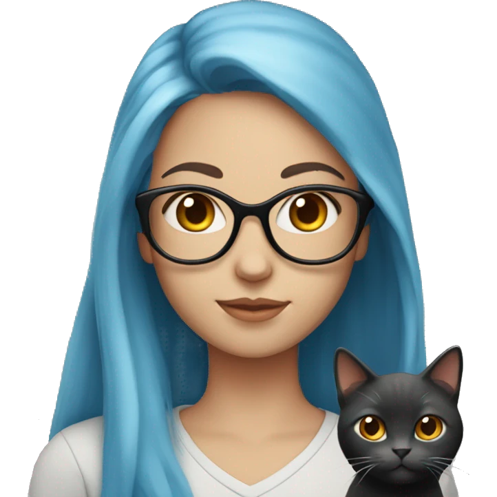 A girl with long red hair, with blue eyes, light skin, black glasses, holding an all grey cat  emoji