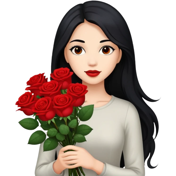 A beautiful girl with long black hair holding a bouquet of roses emoji