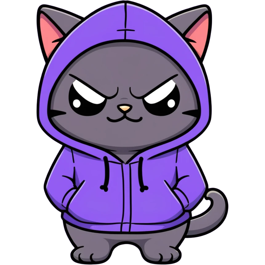 Grumpy anime Black cat with a purple hoodie emoji