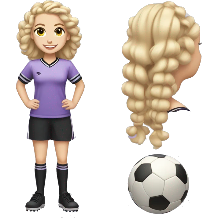 BLONDE GIRL WITH LONG HAIR, WHITE COMPLEXION WITH CURLERS, PLAYING FOOTBALL SMILING WITH BRAIDS, WEARING A LILAC AND BLACK T-SHIRT WITHOUT STRIPES, FULL BODY WITH A BALL emoji
