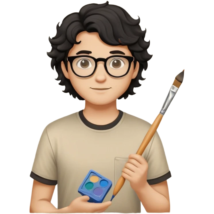 Young caucasian man with black wavy hair, round glasses, beige painting shirt, holding a square paintbrush emoji
