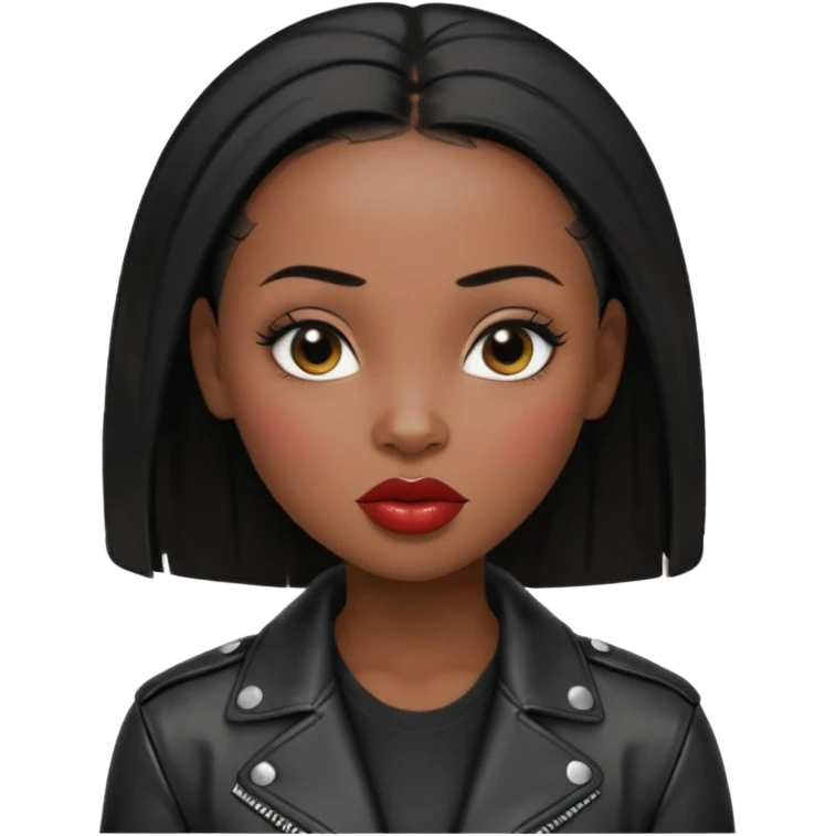 Gorgeous woman shiny black baby gairhair no eyebrows leather jacket Alluring black woman wide nose bald head big glossy lips emoji