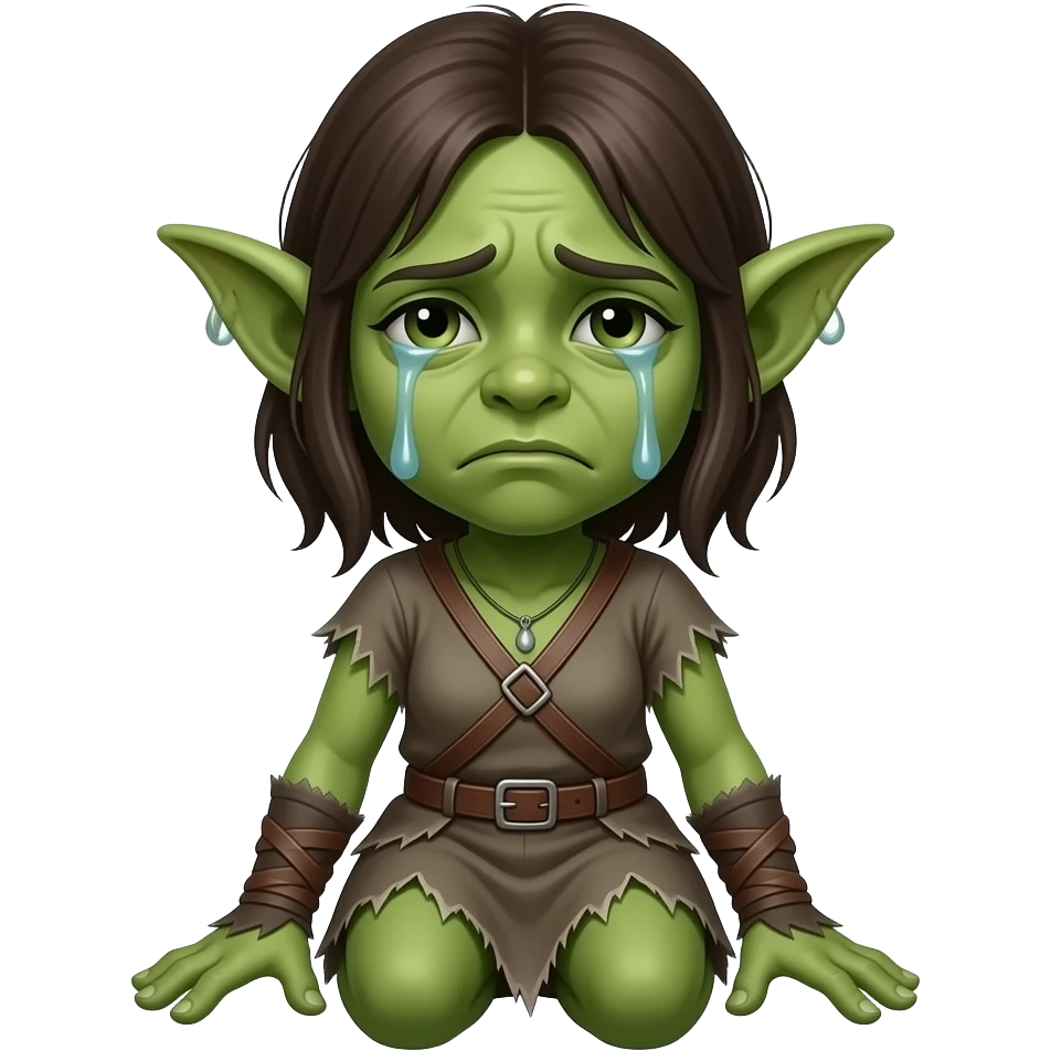 A female goblin who is sitting with little detail and crying emoji