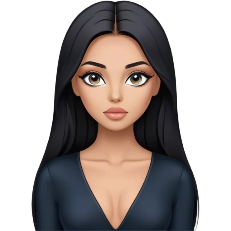 Glamours, tanned, very beautiful girl, with big pump peach-beige-rose lips, eyeliner, long lashes, black straight smooth silky long hair, straight parting hair, blue-grey eyes, in black v-neck bodysuit emoji