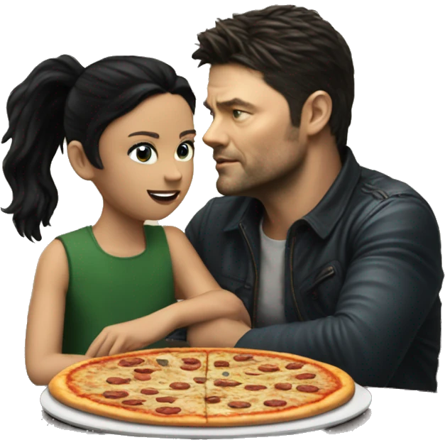 karl urban sitting at a table eating pizza with small white girl with black hair emoji