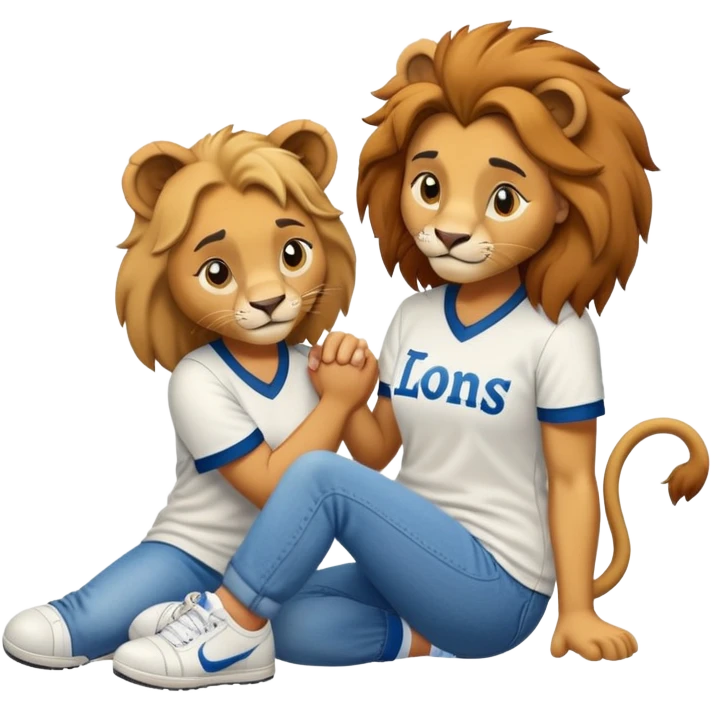 friendly anthropomorphised female lion wearing a baseball shirt, jeans, and trainers, on her hunches, comforting a friend emoji