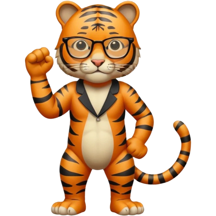 un tigre con gafas parado en dos patas con la mano en la derecha haciendo firme emoji