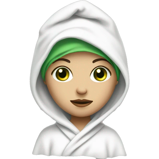 A girl with green eyes with a cloth mask on her face, wearing a white towel on her head and a white robe emoji