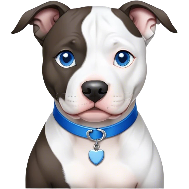 Black and white pit bull, white in the middle of the snout, white chest, white tips of the paws, blue eyes, with a blue emoji