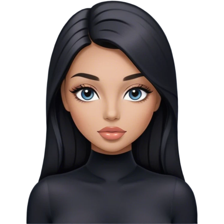Glamours, tanned, very beautiful girl, with big pump peach-beige-rose lips, long long lashes, black straight smooth silky long hair, straight parting hair, blue-grey eyes in black long-sleeves bodysuit emoji