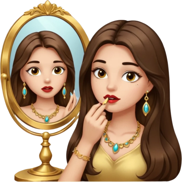 Girl with long brown hair, gold jewelry, and lashes, putting on lipgloss while looking in a mirror  emoji