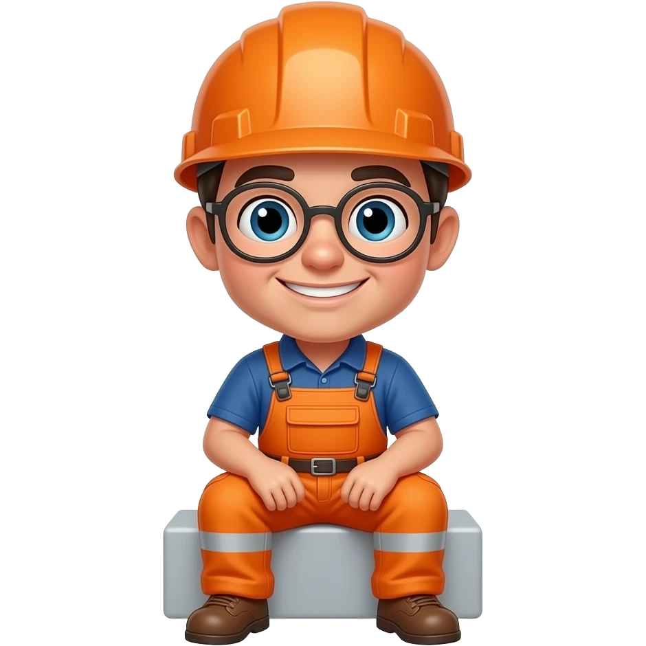 engineer sitting in full hi vis orange overalls, orange helmet, looking happy emoji