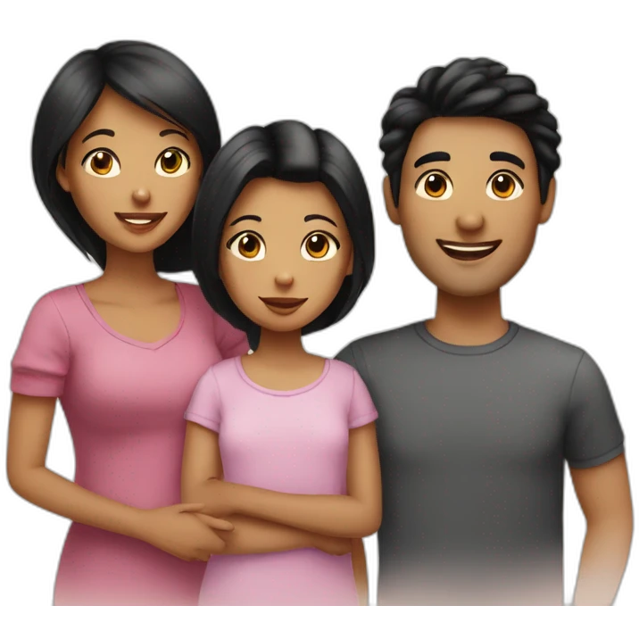 Family of three, woman with black hair, men with black hair, baby girl, 2 cats emoji