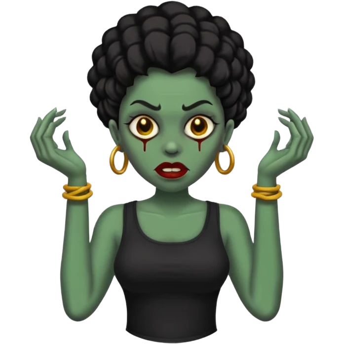 Faça me um emoji de um zumbi mulher de cabelos vermelho borgonha longos ondulado usando uma blusa preta emoji