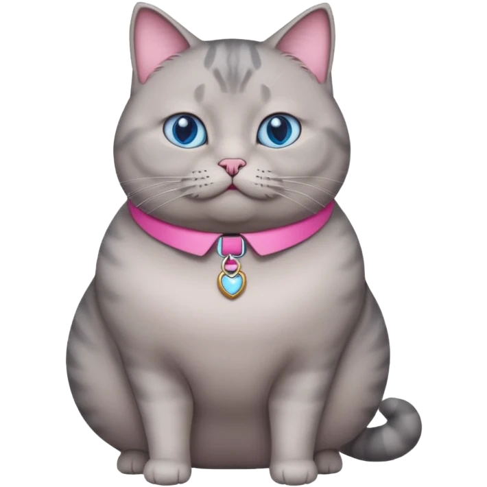 A fat grey cat with a pink collar with blue eyes and standing emoji