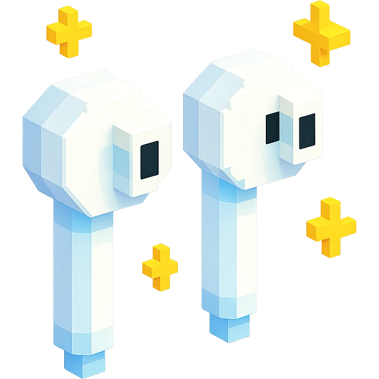 white EarPods headphones with a playful twist, floating in space, surrounded by tiny stars emoji