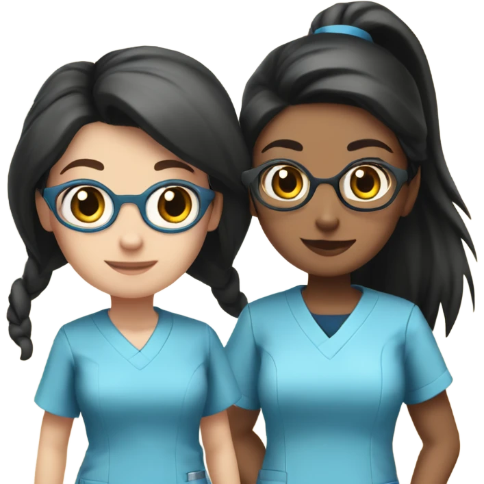 Two Best friend nurses in blue scrubs one girl has glasses with black hair in a pony tail and the other girl has dark brown hair emoji