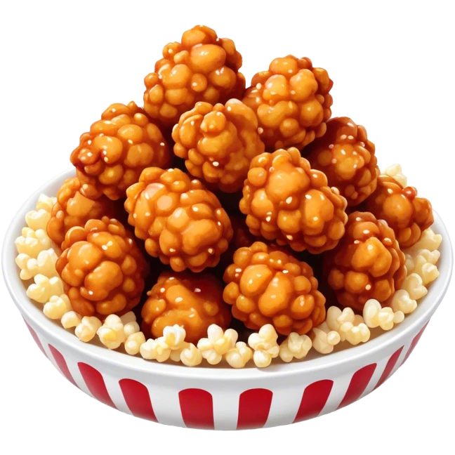 Korean Fried Chicken Cinematic Realistic Korean Fried Chicken Dish Emoji, depicted as bite-sized popcorn chicken pieces generously coated in a glossy, spicy sauce, rendered with crisp textures and dynamic, appetizing lighting. emoji
