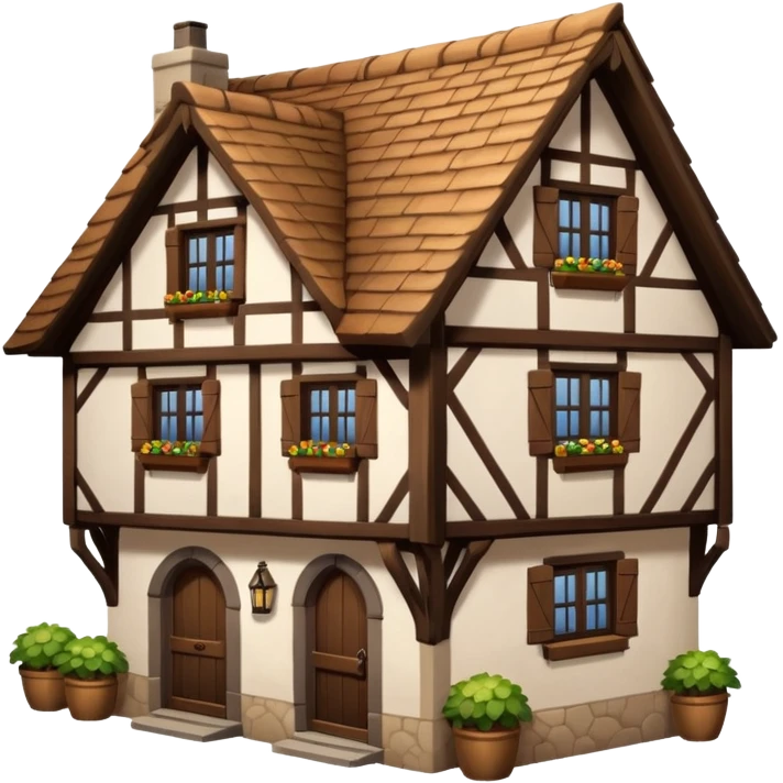 An old half-timbered village house with a tiled roof. The roof is dark brown. emoji
