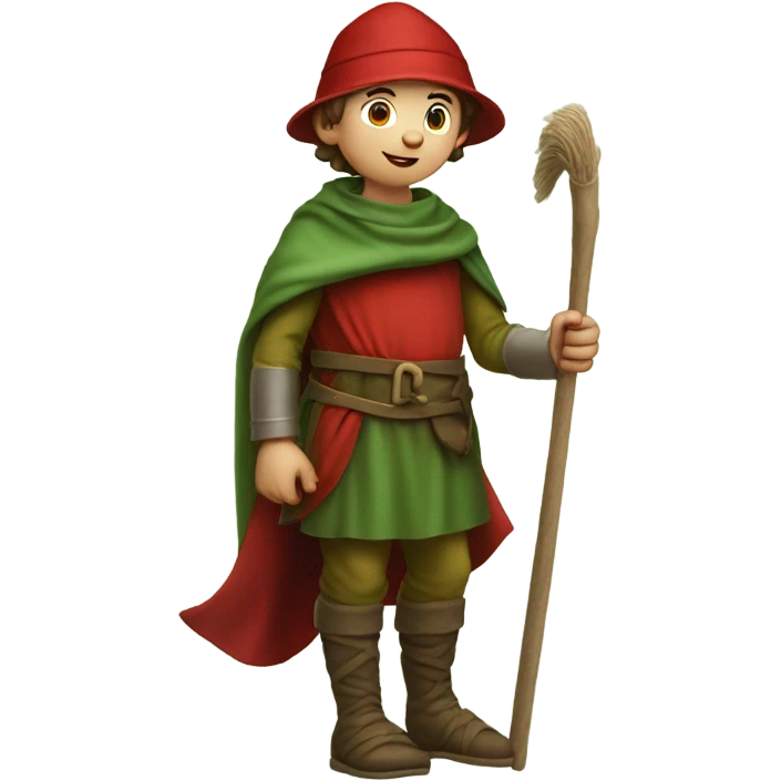 13th century European pilgrim boy with staff, red stockings, short green tunic and green hat, saying ok! emoji