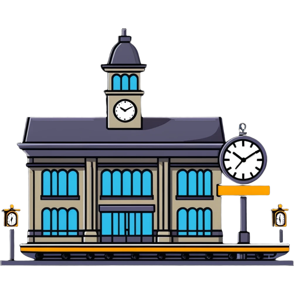 train station building with platforms and clock emoji