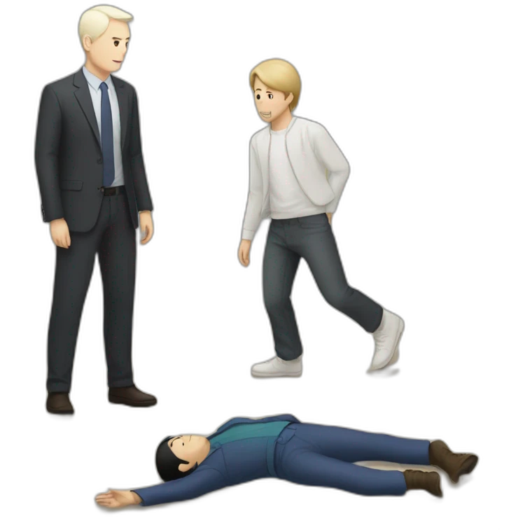 White man and japanese man looking for squelette on the ground emoji