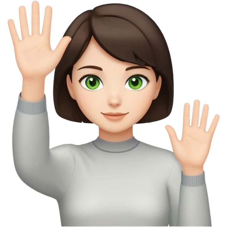 brunette girl with short hair and green eyes waving greeting emoji