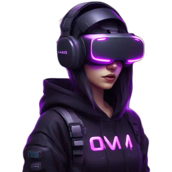 Russian girl wearing black hoody with violet letters "OMG", in vr headset. Cyberpunk style. Violet neon. emoji