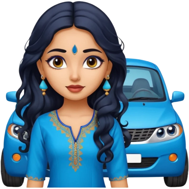a pretty indian bratz girl with wavy long black hair, wearing a blue kurti, eyeliner on, indian auto behind her emoji