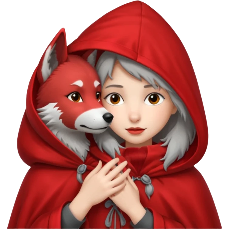 Niña del cuento de caperucita roja acariciando la cabeza de un lobo macho emoji