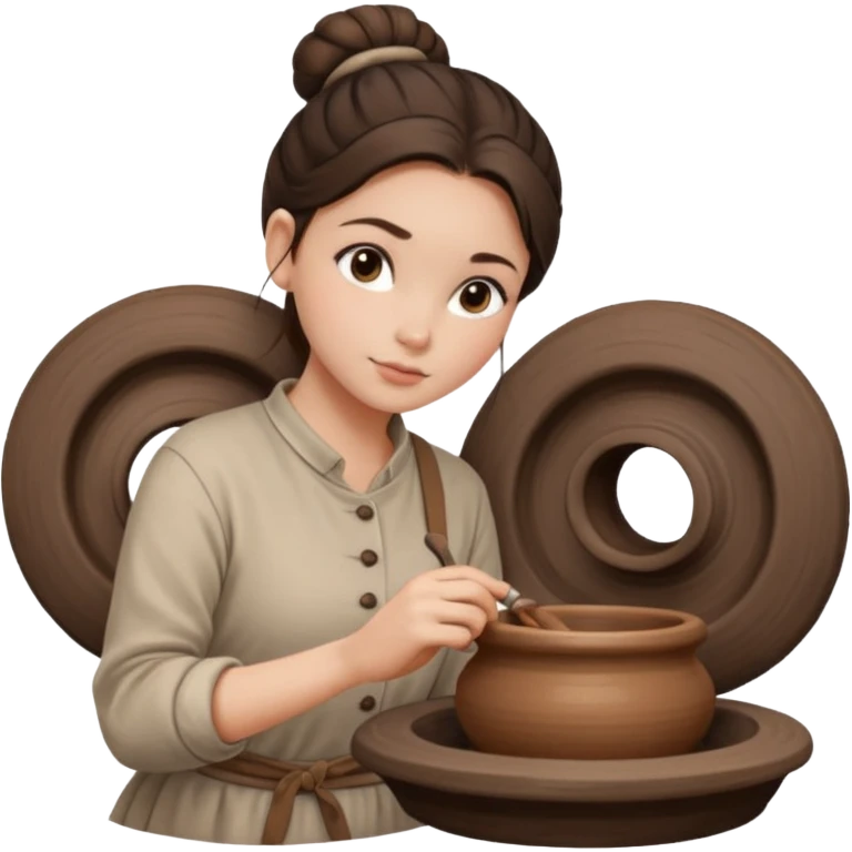 Brunette girl with a bun, behind the potter's wheel, wearing neutral clothing emoji