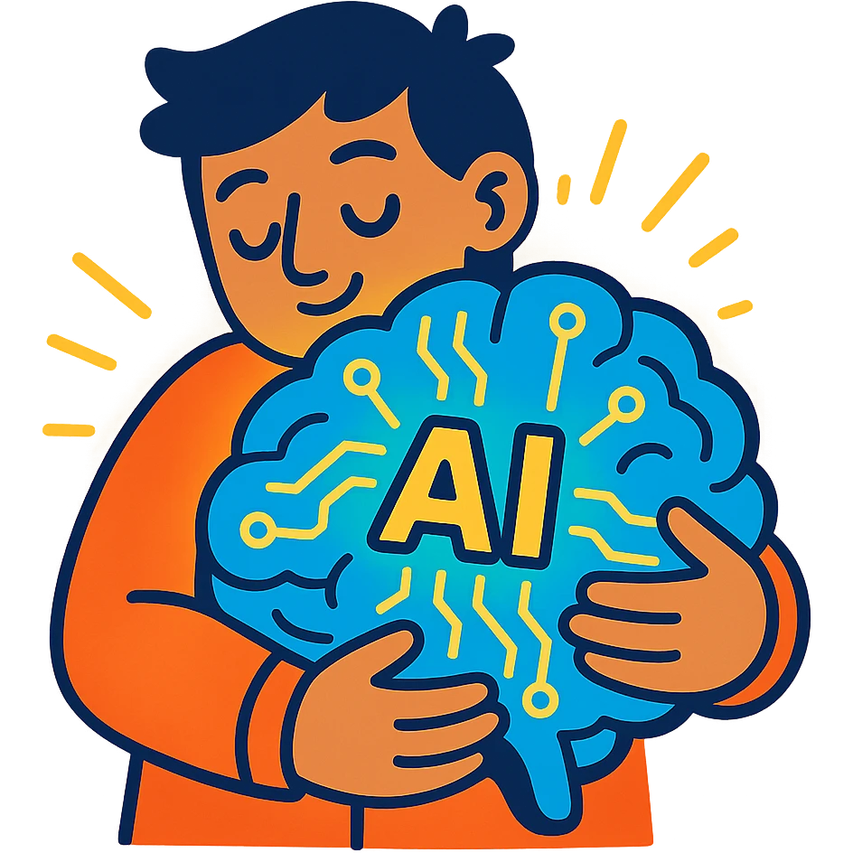 person hugging a glowing digital brain representing AI emoji